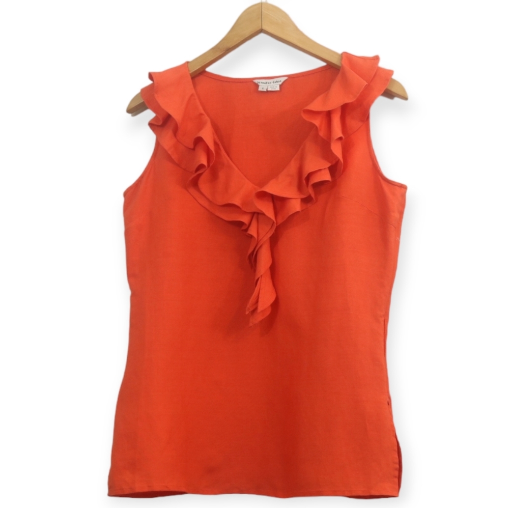 Jennifer Eden Orange Ruffle Sleeveless Top